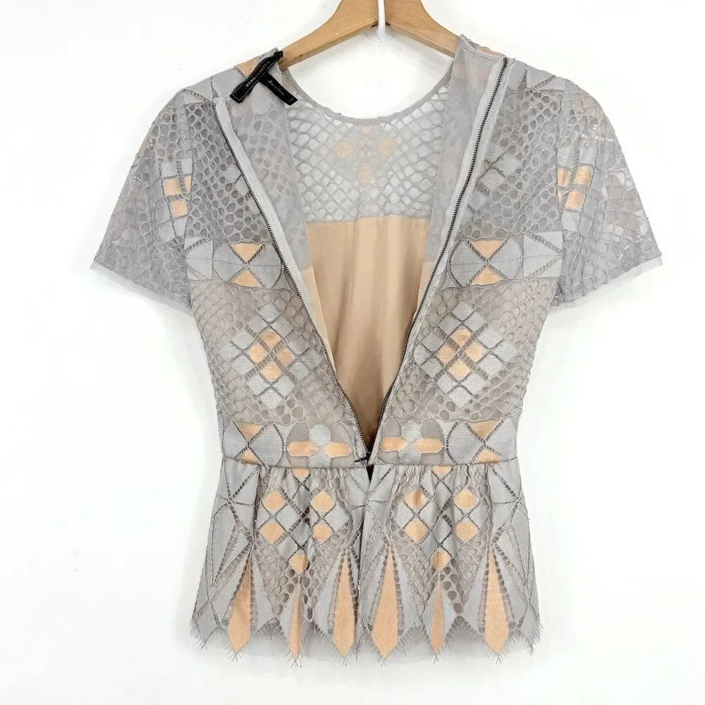 BCBGMAXAZRIA Light Dusk Contemporary Geometric Lace Mesh Overlay Peplum Blouse